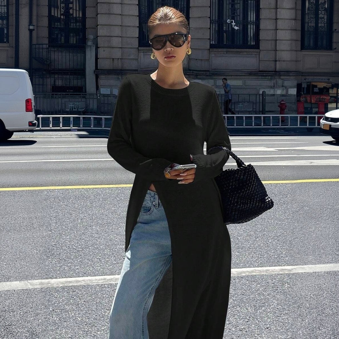 Women's Long Fine Knit Tunic Sweater with High Side Slit Mune Fashion