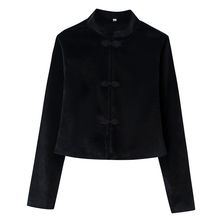 Women Cropped Tailored Jacket with Mandarin Collar and Decorative Toggle Closures Mune Fashion