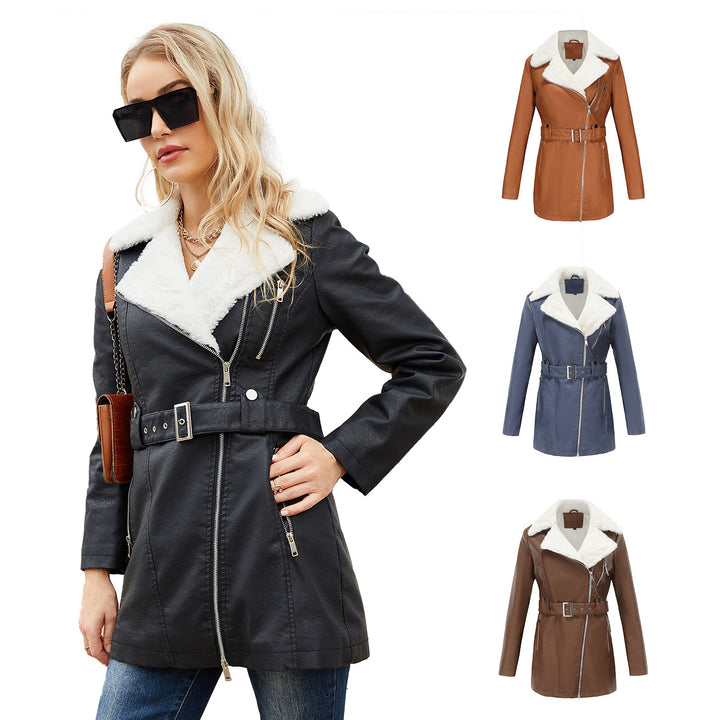 Ladies tailored coat in lambskin look with asymmetrical zipper and wide waist belt Mune Fashion