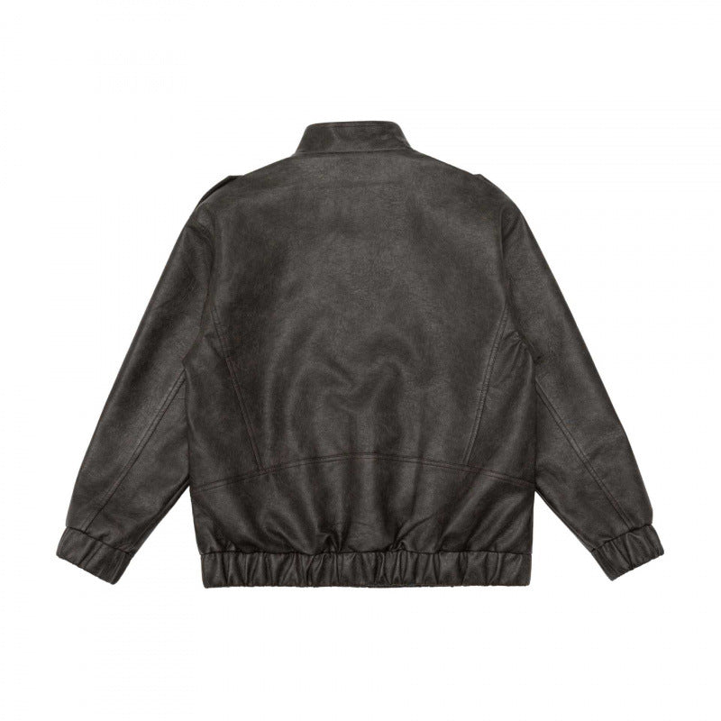 Men's Boxy Faux Leather Blouson with Stand Collar, Shoulder Epaulettes and Elastic Hem Mune Fashion