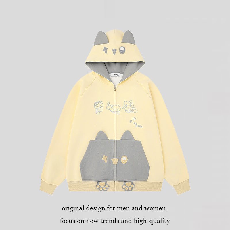 Women's hooded sweatshirt jacket with ears, full-length zipper, kangaroo pocket with paw appliqué and playful embroidery Mune Fashion