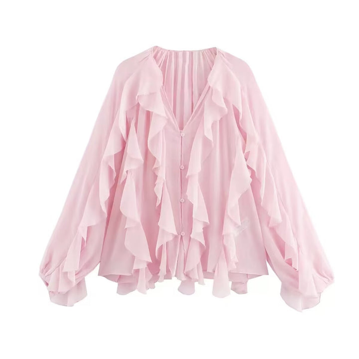 Women's Ruffle Chiffon Blouse with Button Placket, Gathered Neckline and Balloon Sleeves Mune Fashion