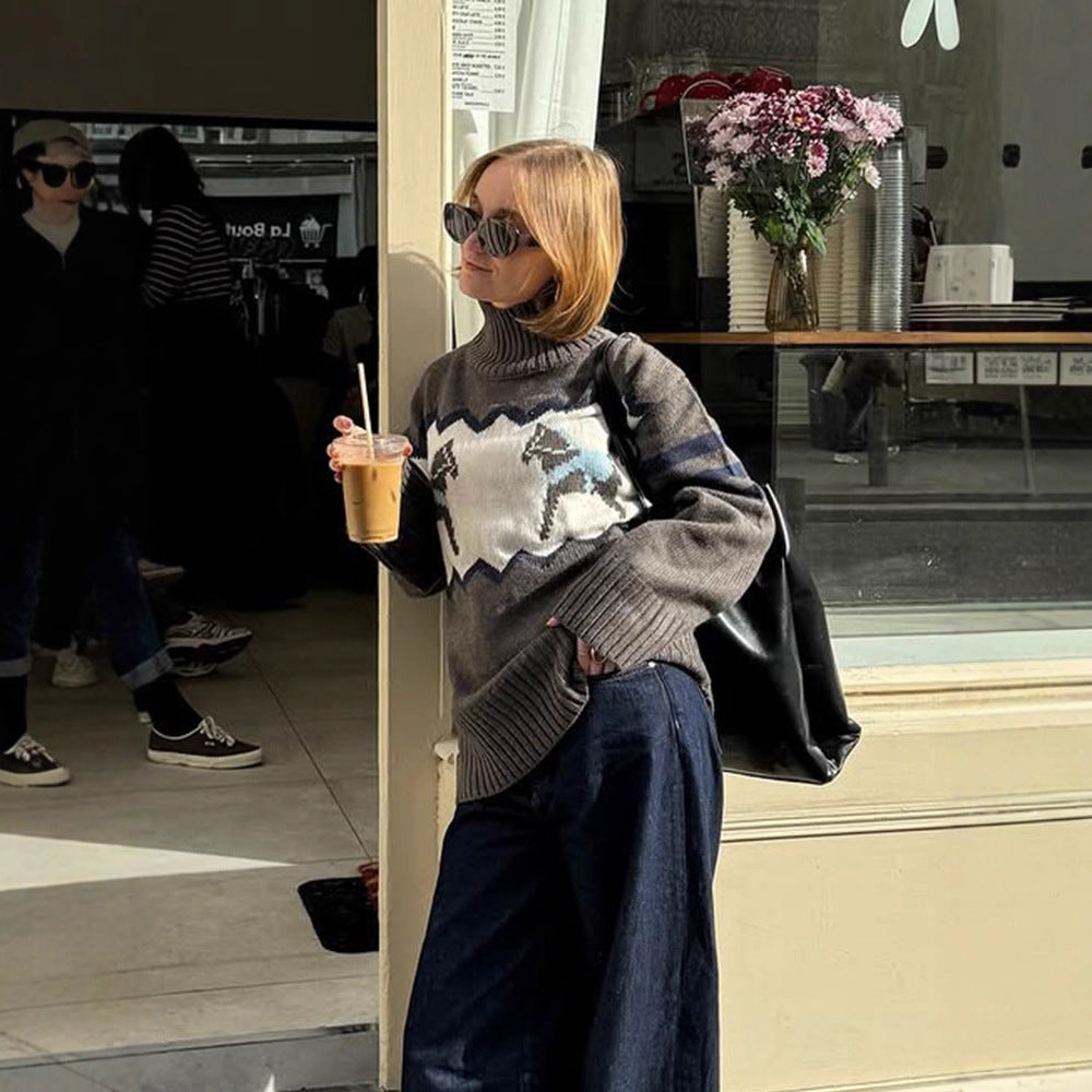 Women's Oversize Turtleneck Sweater with Norwegian Intarsia and Ribbed Cuffs Mune Fashion