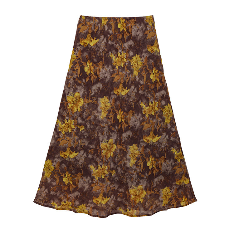 Women's flowing maxi skirt with A-line silhouette and fine vintage print, Mune Fashion