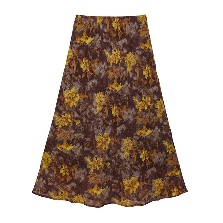 Women's flowing maxi skirt with A-line silhouette and fine vintage print, Mune Fashion