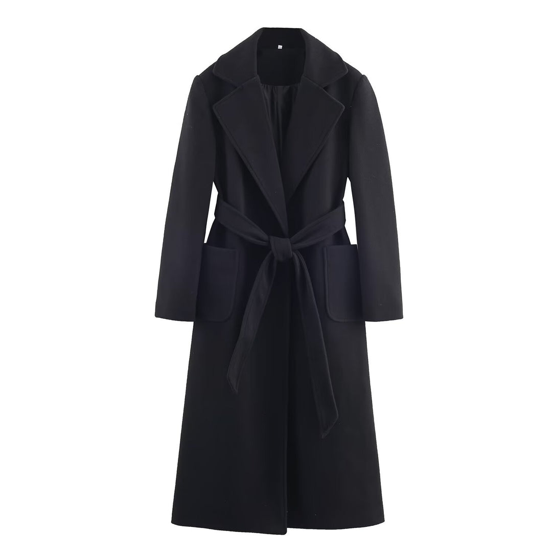 Women Longline Coat with Wide Lapel and Tied Belt Mune Fashion