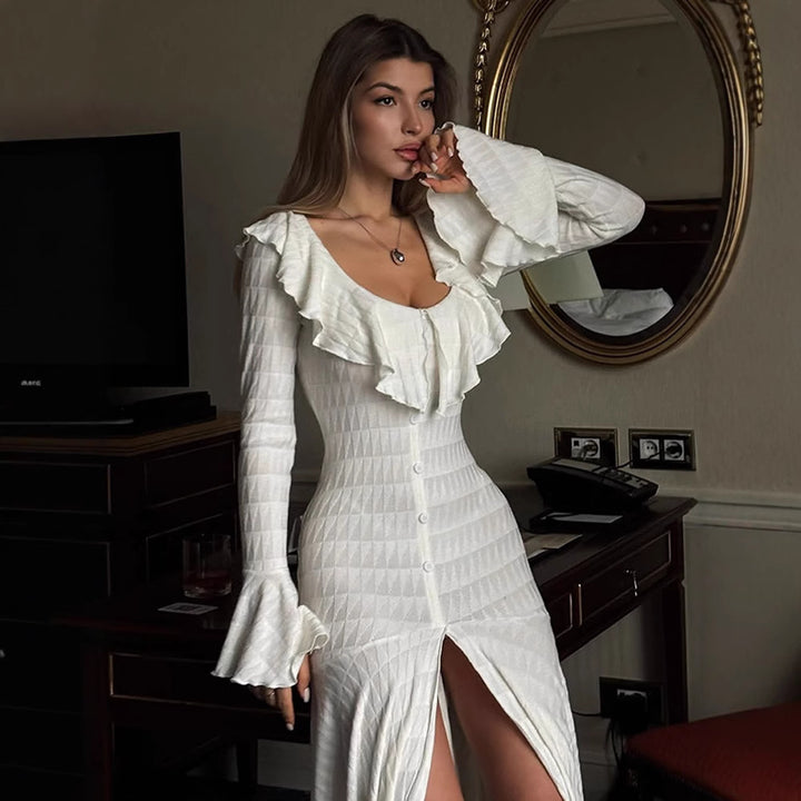 Women's Figure-Hugging Maxi Dress with Ruffle Neckline, Bell Sleeves, and Split Mune Fashion