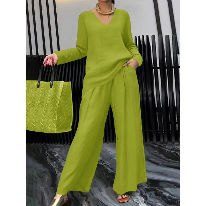 Women's Fine V-Neck Knit Sweater with Flowing Palazzo Pants Mune Fashion