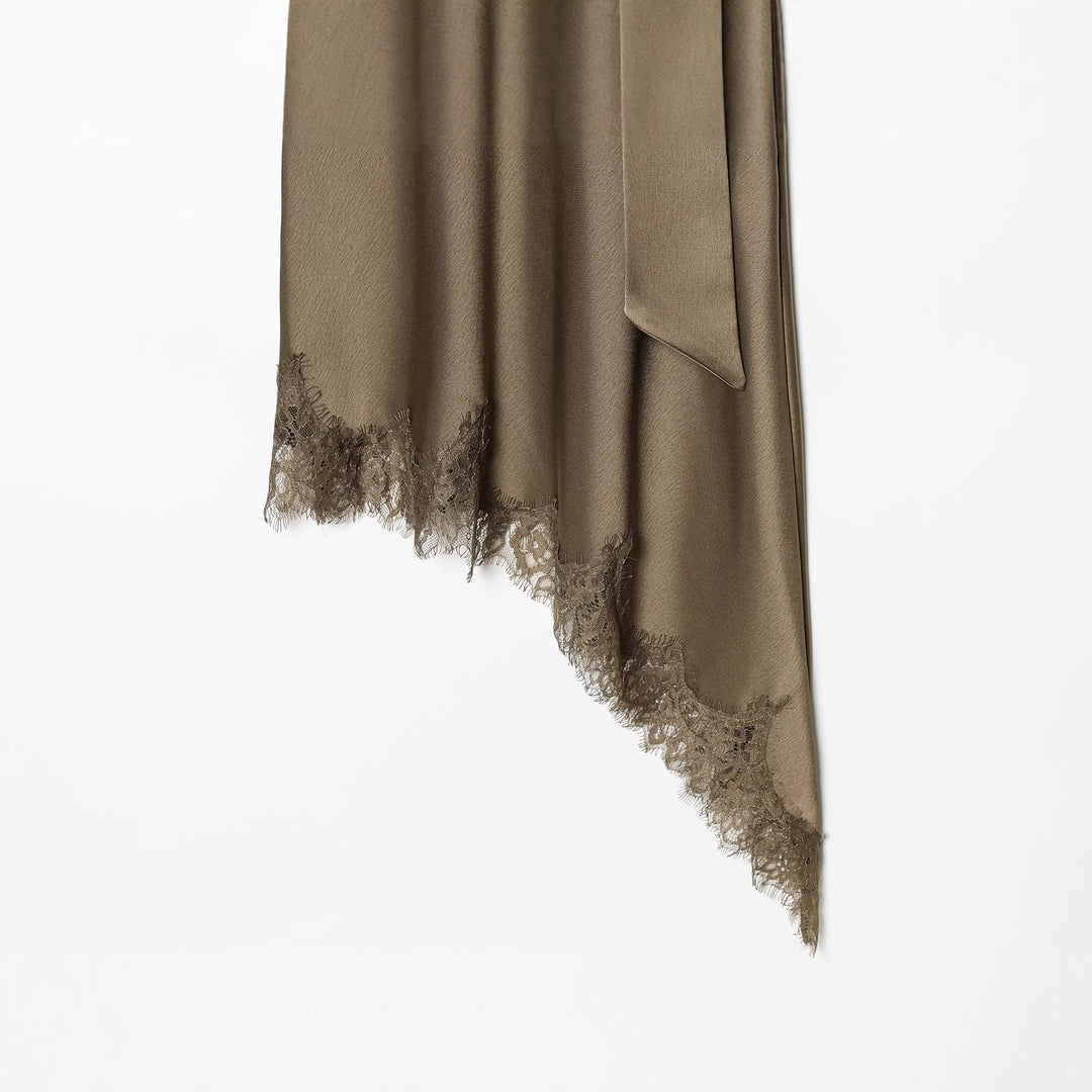 Women nan asymmetrical cape midi dress with stand-up collar, scarf and delicate lace hem Mune Fashion