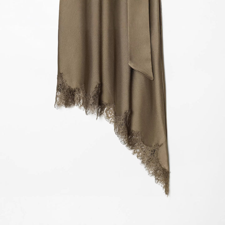 Women nan asymmetrical cape midi dress with stand-up collar, scarf and delicate lace hem Mune Fashion