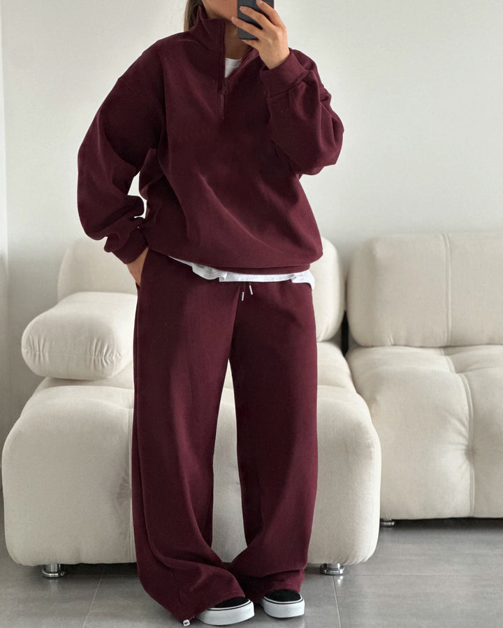 Women nan Oversize Half-zip Pullover with Stand-up Collar and Wide Lounge Pants Set Mune Fashion