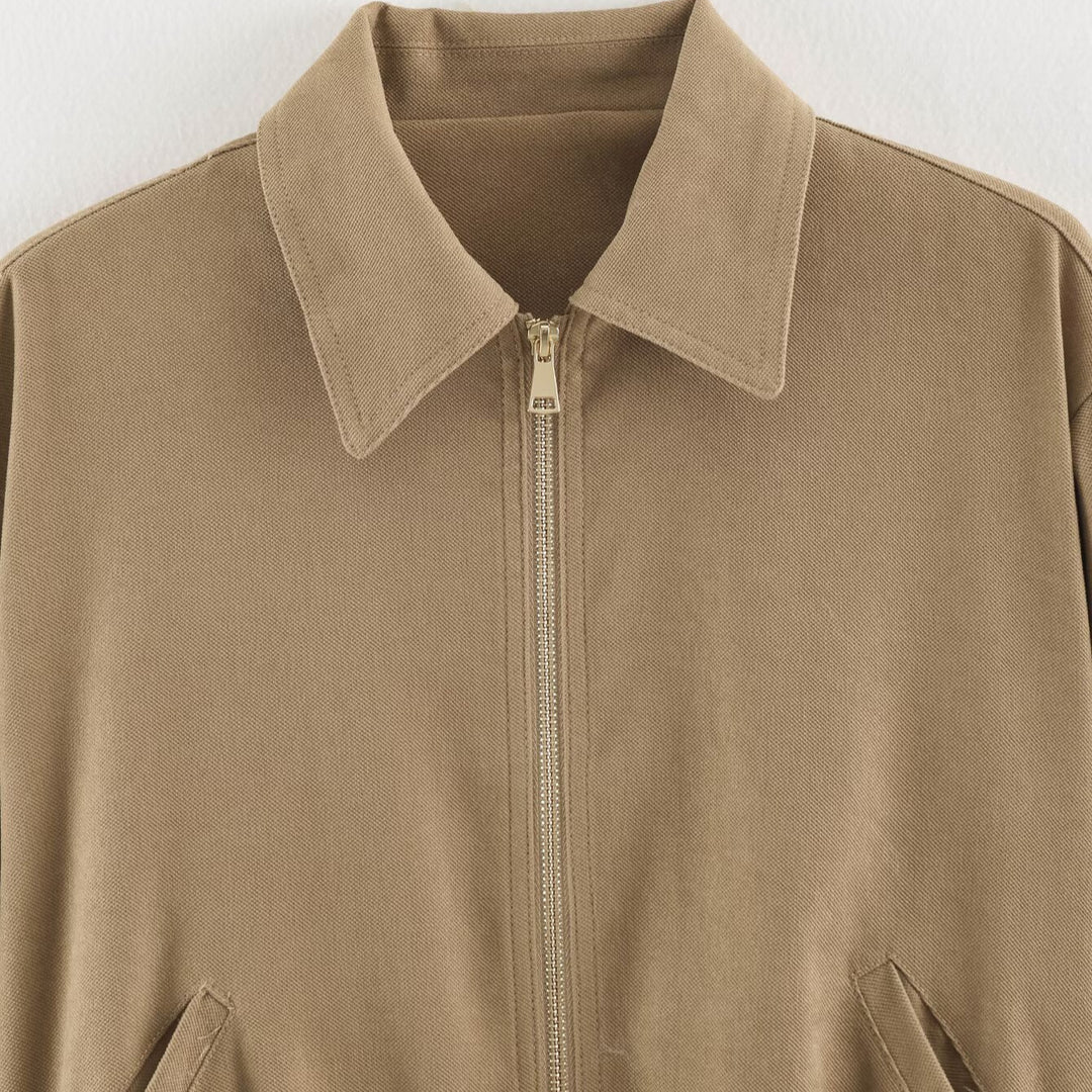 Women's Short Cut Bomber Jacket with Zipper, Shirt Collar and Elastic Hem Mune Fashion