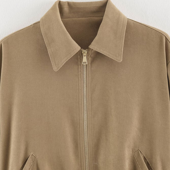 Women's Short Cut Bomber Jacket with Zipper, Shirt Collar and Elastic Hem Mune Fashion