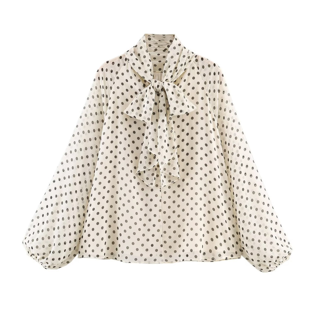 Ladies 100+ Chiffon blouse with bow collar, puff sleeves and polka dot print Mune Fashion