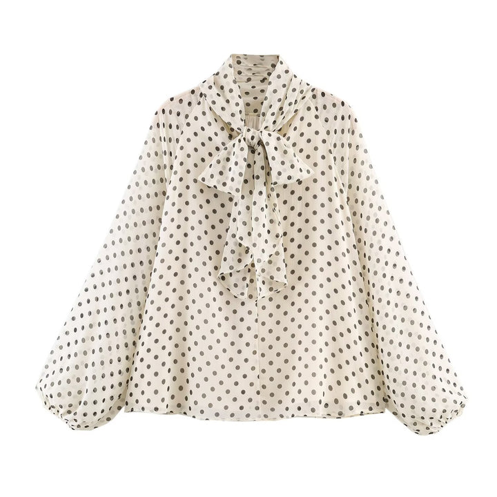 Ladies 100+ Chiffon blouse with bow collar, puff sleeves and polka dot print Mune Fashion