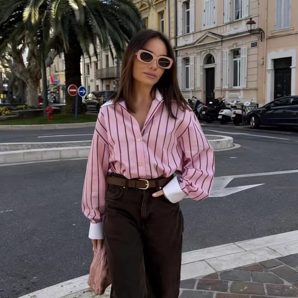 Women's loose button-up blouse with contrast collar and cuffs Mune Fashion