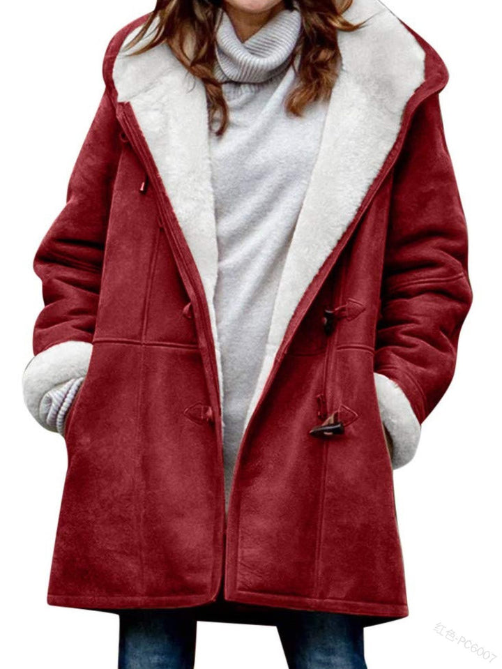 Women's teddy-lined duffle coat with hood, faux fur interior lining and toggle closures Mune Fashion
