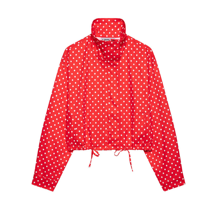 Women's Polka Dot Cropped Rain Jacket with Stand Collar and Drawstring Hood