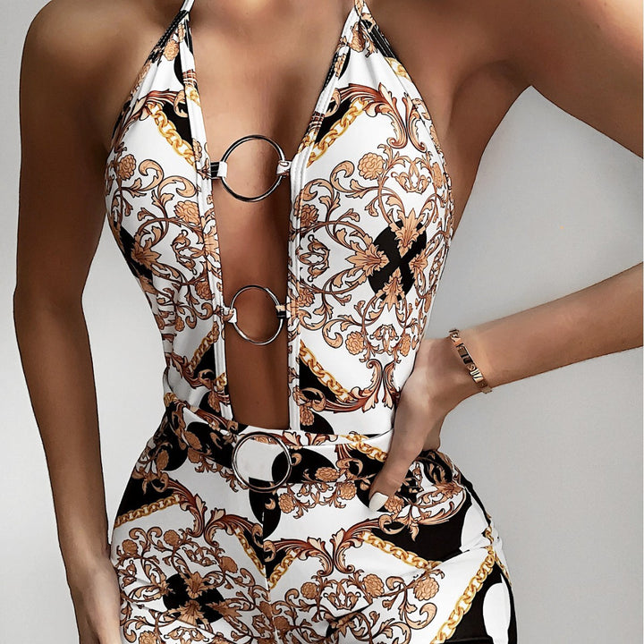 Women's fashionable one-piece swimsuit with deep V-neck and ring details Mune Fashion