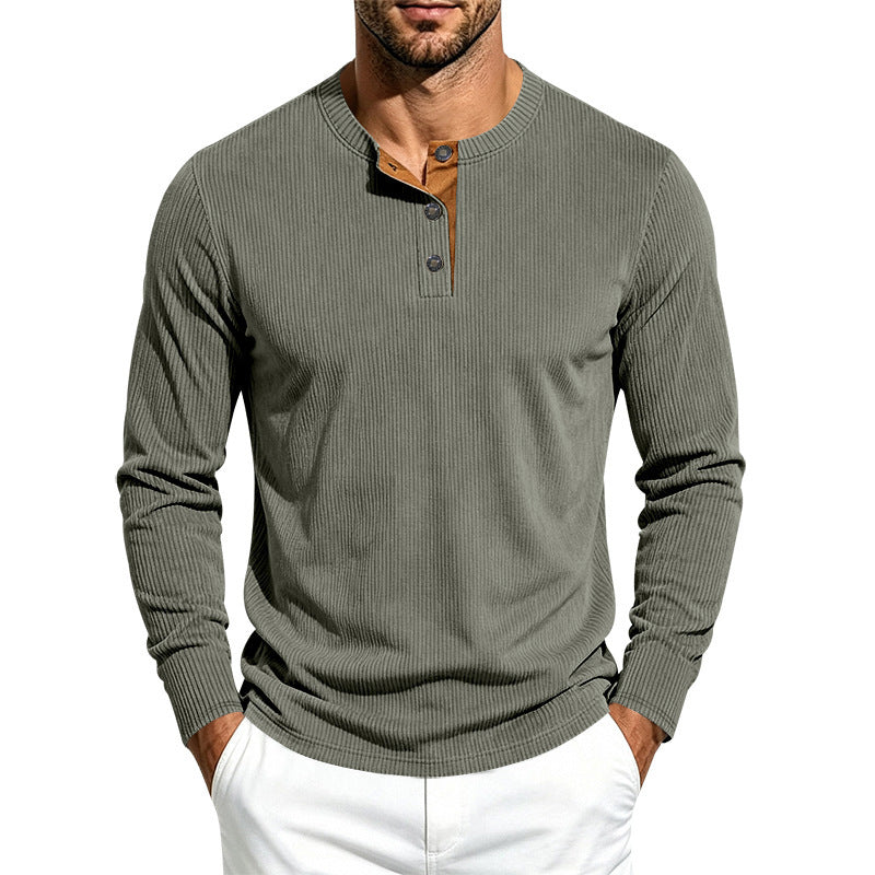 Men's Long Sleeve Ribbed Knit Henley Shirt with Button Placket and Round Neck Collar Mune Fashion