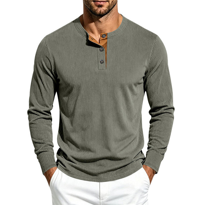 Men's Long Sleeve Ribbed Knit Henley Shirt with Button Placket and Round Neck Collar Mune Fashion