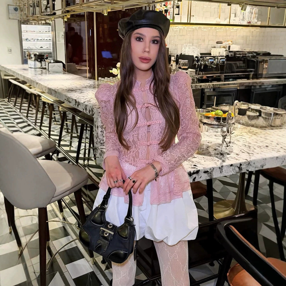 Women Romantic Lace Blouse in Victorian Style with Stand-up Collar, Knot Closures and Puff Sleeves Mune Fashion