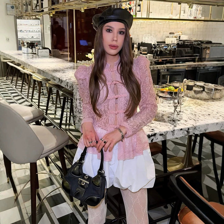 Women Romantic Lace Blouse in Victorian Style with Stand-up Collar, Knot Closures and Puff Sleeves Mune Fashion