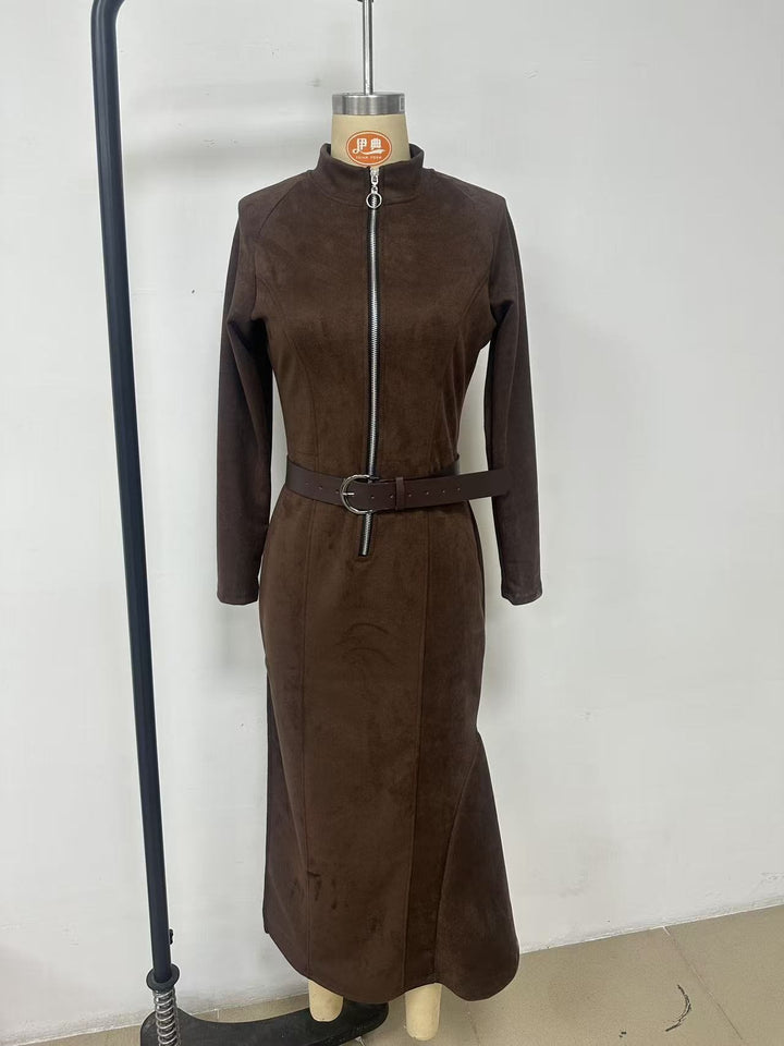 Women's Figure-Hugging Midi Dress Made of Faux Suede with Stand-Up Collar and Central Zipper Mune Fashion