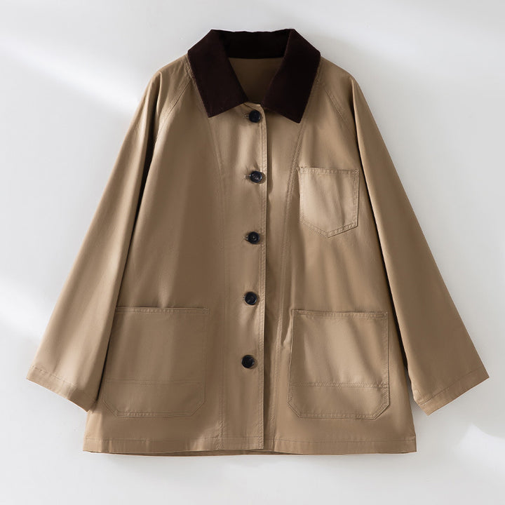 Women's Oversized Cotton Utility Jacket with Contrast Collar and Patch Pockets Mune Fashion