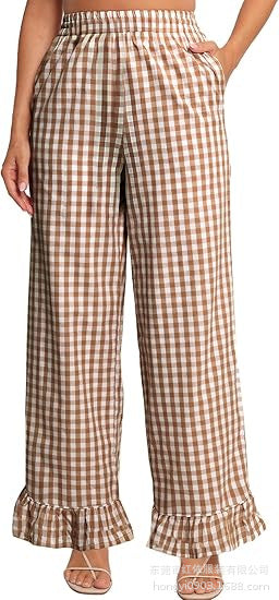 Women's palazzo pants with elastic waistband, side pockets, and ruffled hem Mune Fashion