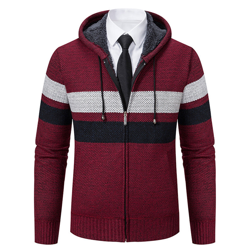 Men's non-insulated hooded cardigan with teddy lining, full-length zipper and contrasting stripes Mune Fashion