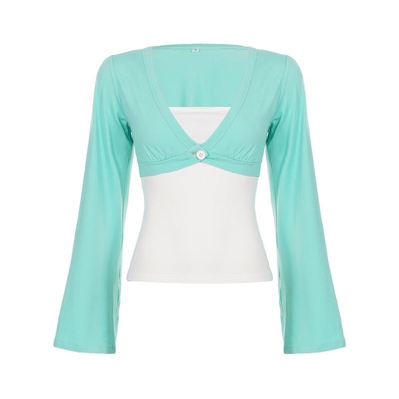 Women's bolero-inspired crop top with fitted bottom, V-neck and flared sleeves Mune Fashion
