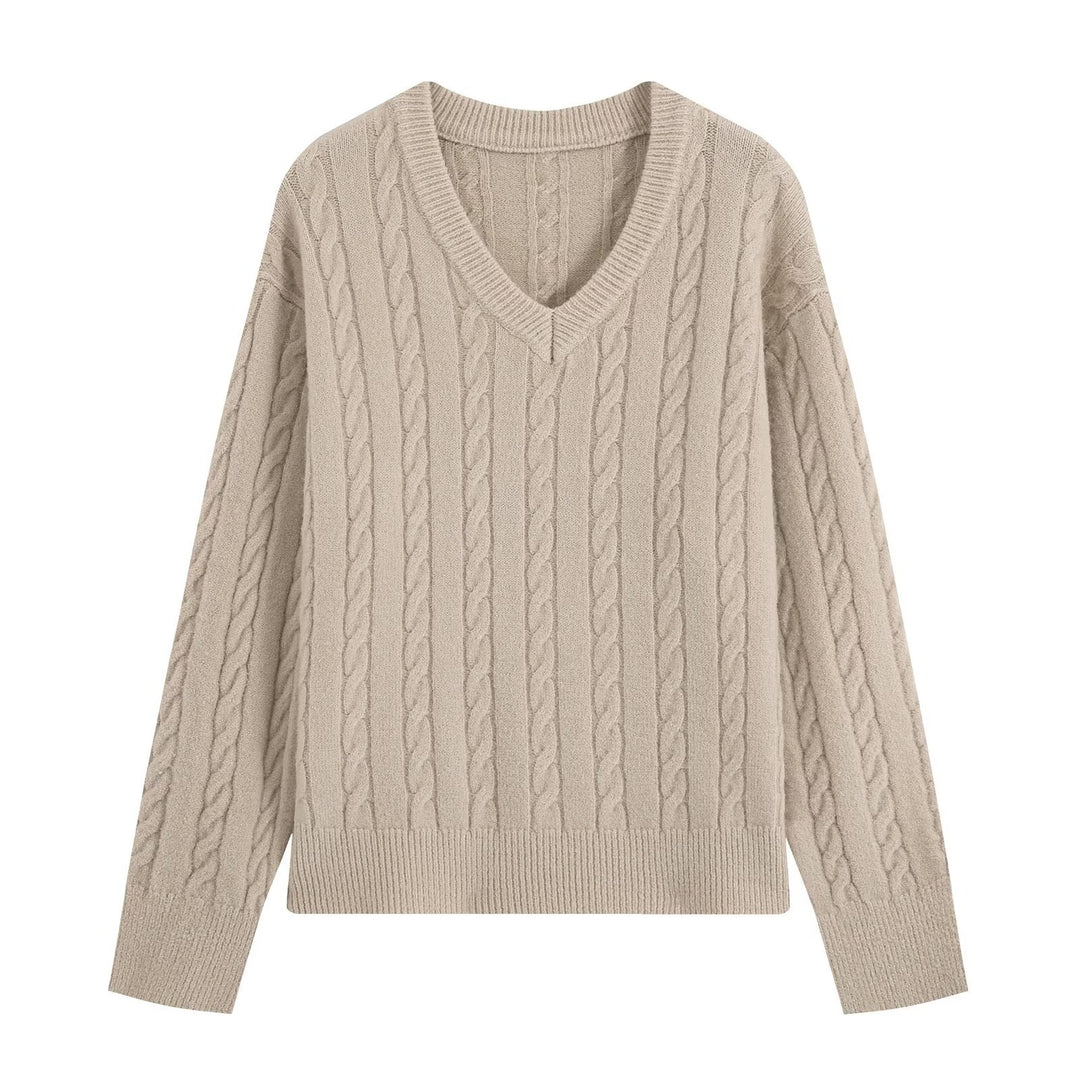 Women's Oversize Cable Knit Sweater with V-Neck and Wide Ribbed Cuff Mune Fashion