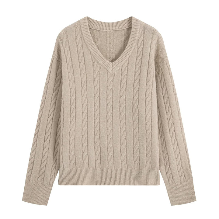 Women's Oversize Cable Knit Sweater with V-Neck and Wide Ribbed Cuff Mune Fashion