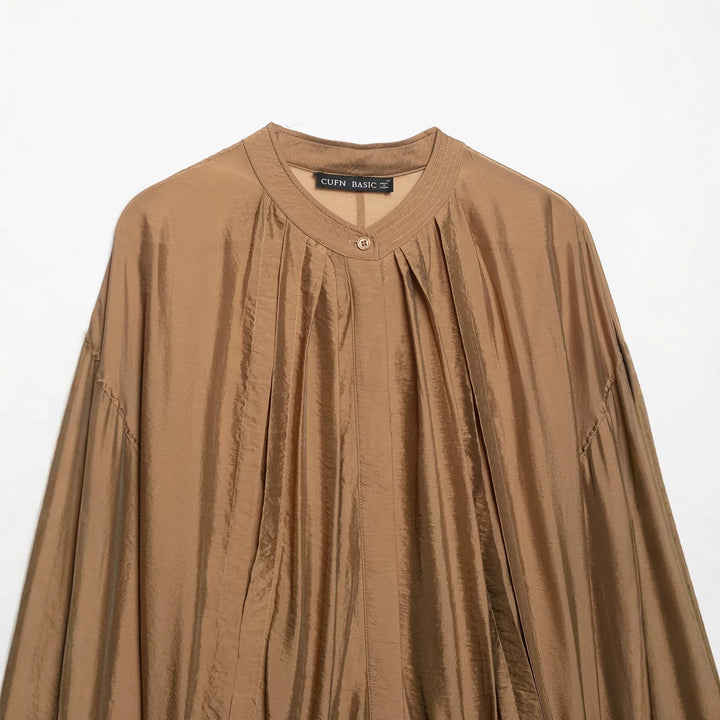 Women Pleated Blouson Top with Round Neckline, Balloon Sleeves and Smocked Hem Mune Fashion