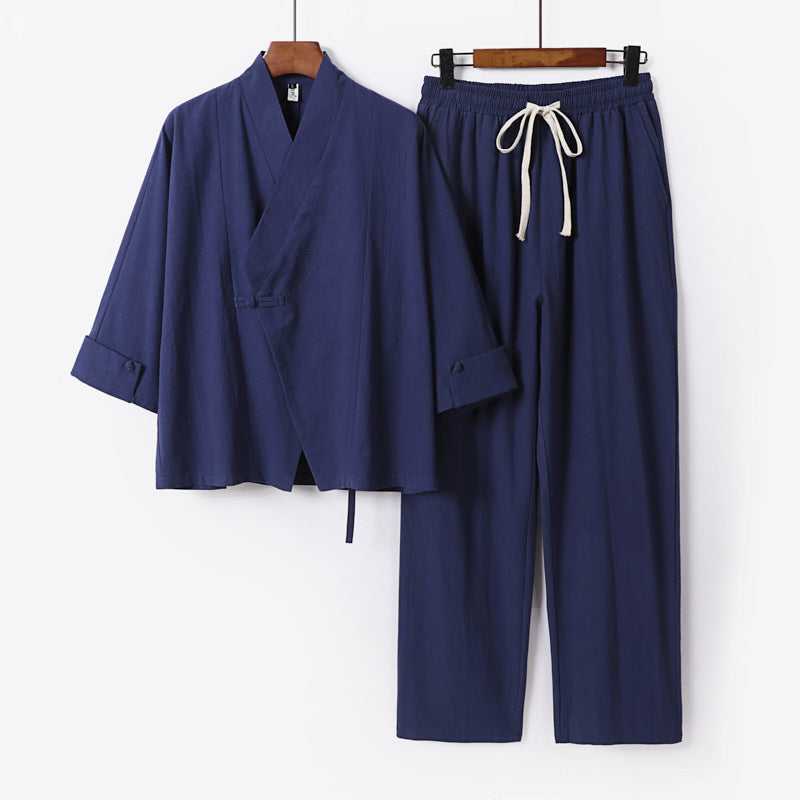 Unisex Lightweight Zen Lounge Set in Kimono Style with Dropped Shoulder Concealed Knot Placket and Elastic Drawstring Pants Mune Fashion