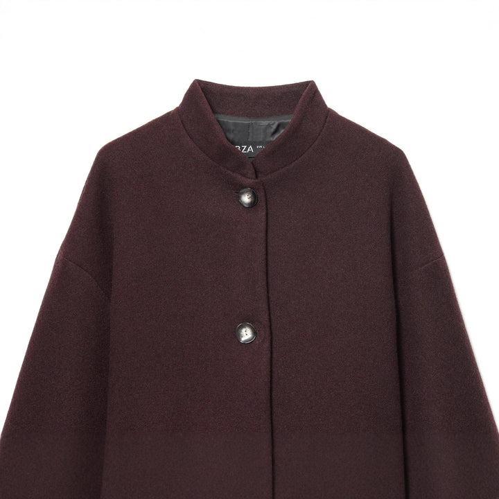 Women's long wool coat with stand-up collar, press button placket, tie belt and patch pockets Mune Fashion