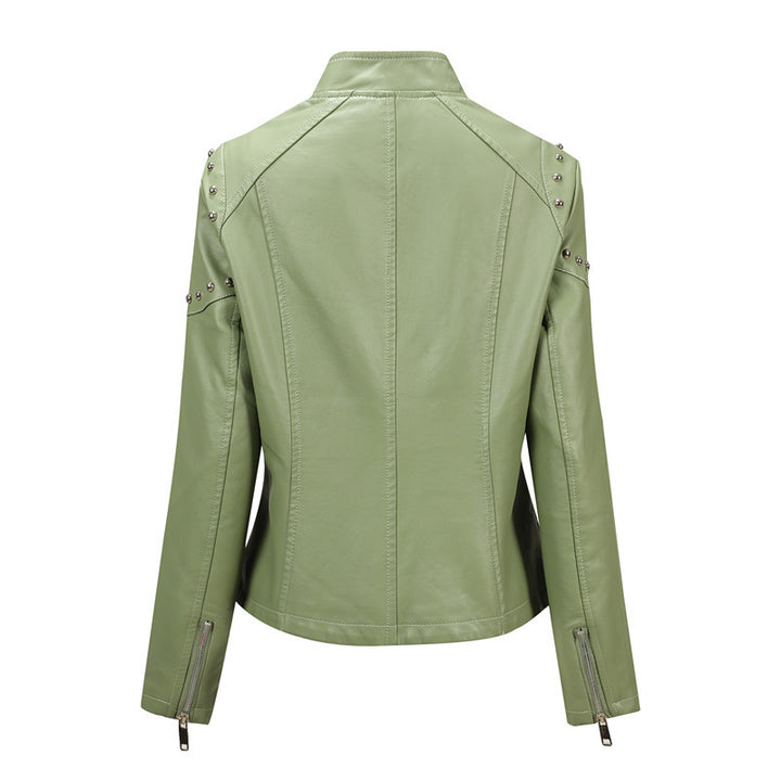 Women Asymmetrical Faux Leather Biker Jacket with Studs & Asymmetrical Zipper Mune Fashion