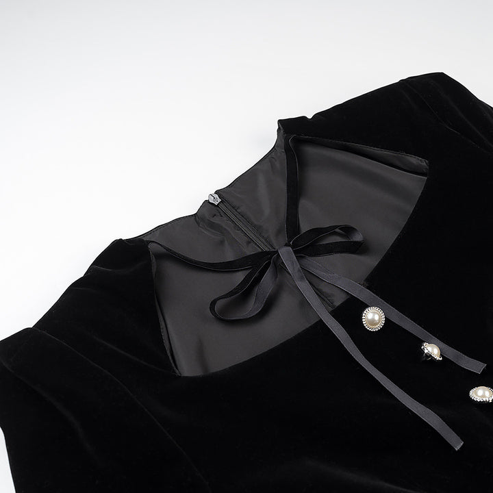 Women’s velvet dress with fitted bodice, puff sleeves, and layered ruffle skirt Mune Fashion