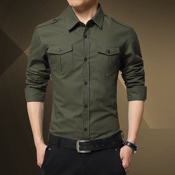 Men's Slim-Fit Cotton-Blend Utility Shirt with Shoulder Flaps and Chest Patch Pockets Mune Fashion