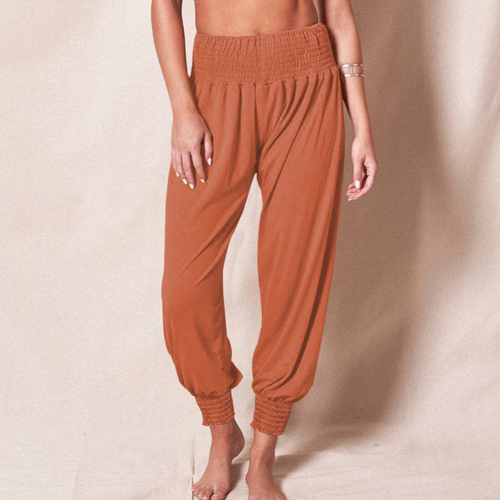 Women's Loose Harem Pants with High Smocked Waistband and Crumpled Ankle Cuffs Mune Fashion