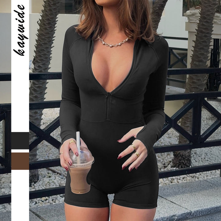 Women's bodycon zip body with deep V-neck, raglan sleeves, thumb hole and high-waist short cut Mune Fashion