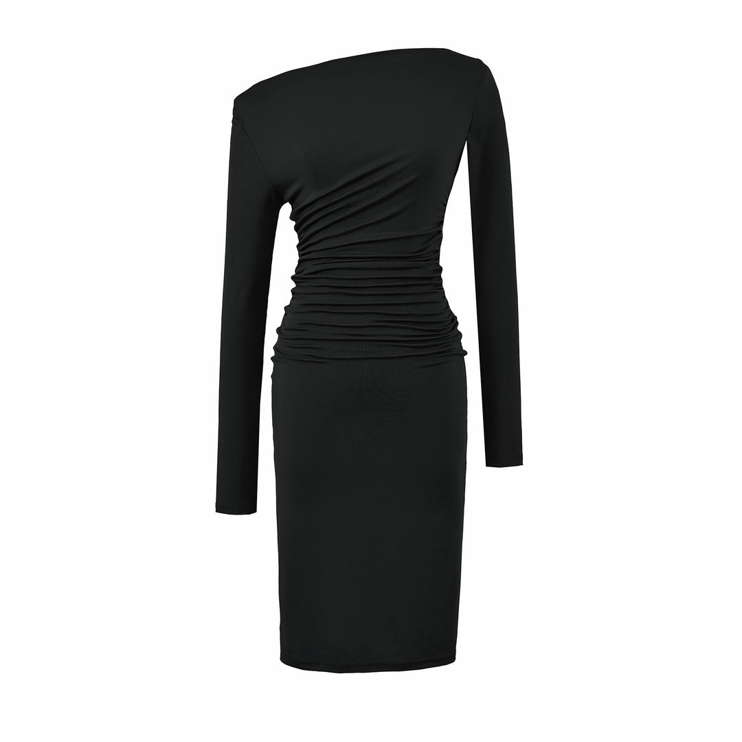 Women's Asymmetric One-Shoulder Midi Dress with Gathering and Long Sleeve Mune Fashion