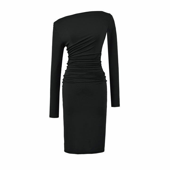 Women's Asymmetric One-Shoulder Midi Dress with Gathering and Long Sleeve Mune Fashion