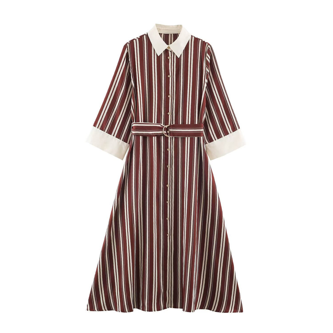 Women's striped shirt dress with contrast collar, three-quarter sleeves, and waist belt Mune Fashion