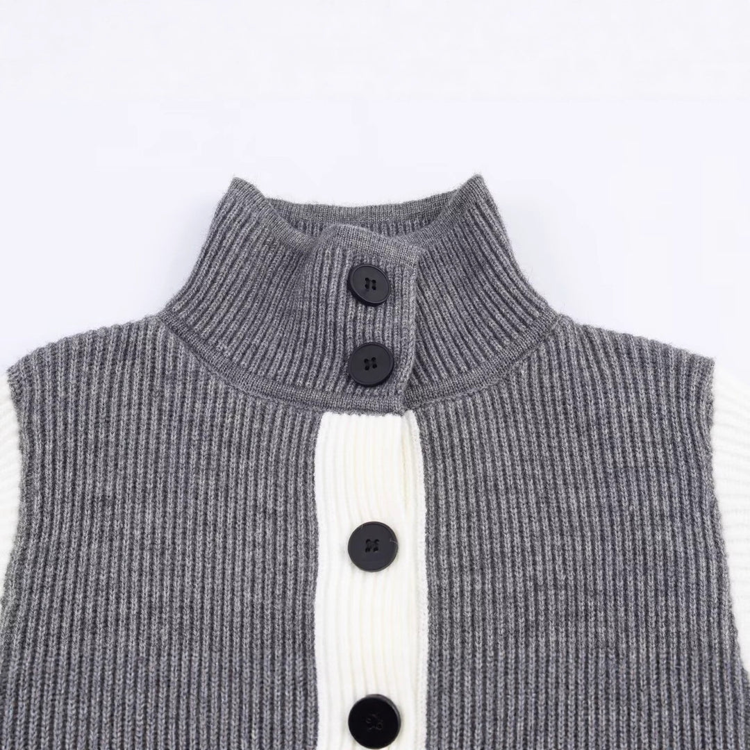 Women's Oversized Ribbed Cardigan with High Collar, Contrast Trim and Button Placket