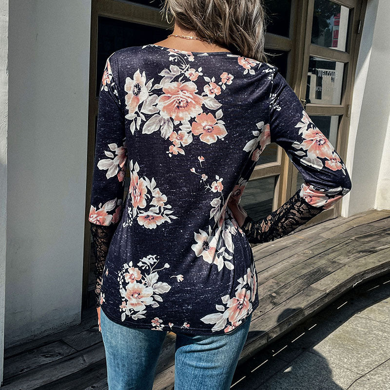 Women's Henley top with rose print, lace cuffs and decorative button placket Mune Fashion