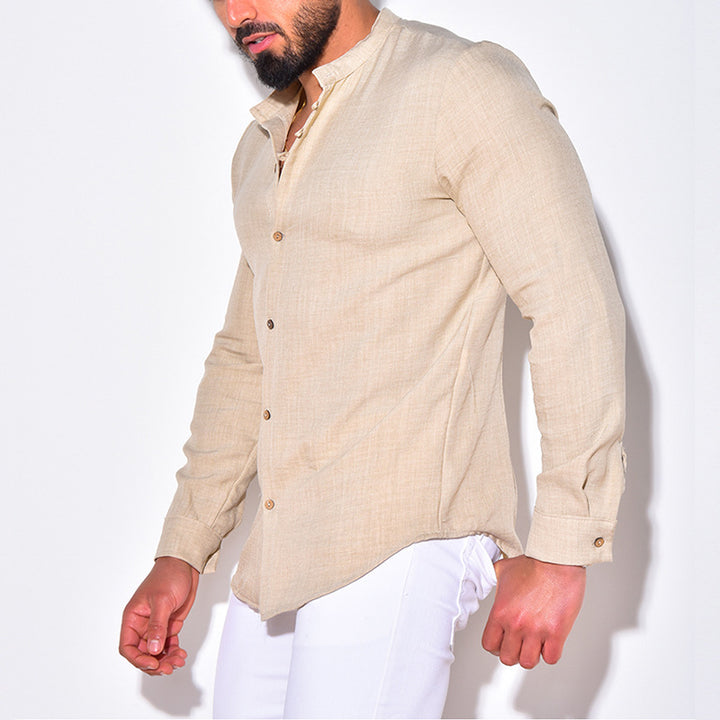 Men's Lightweight Linen Shirt with Stand-up Collar, Button Placket and Sleeve Roll-up Function Mune Fashion