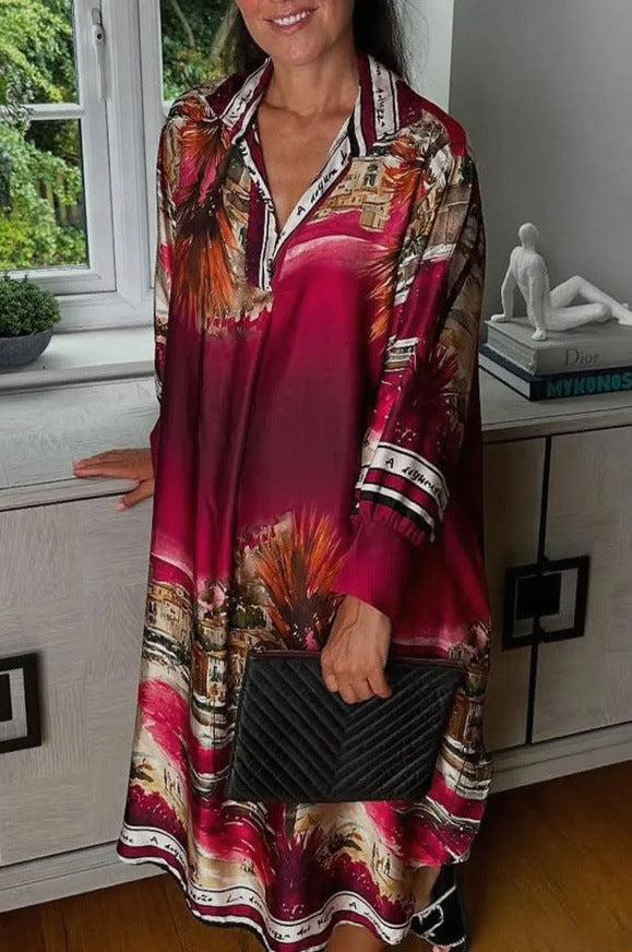 Women's blouse dress in silk look, kaftan style, with an illustrative coastal print Mune Fashion