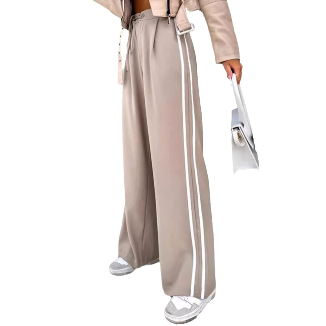 Women high-waisted wide leisure pants with sporty side stripe and tie belt Mune Fashion